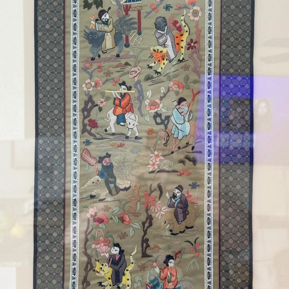 Chinese hand embroidered silk Art Piece Framed. The Actual Piece 27 X 13”